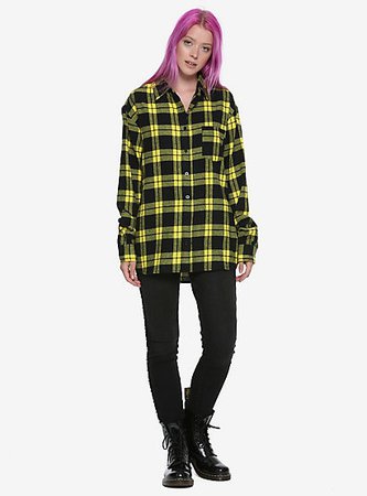 Black & Yellow Plaid Girls Button-Up Flannel