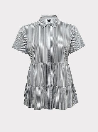Plus Size - Grey Stripe Twill Button Front Shirred Babydoll Shirt - Torrid