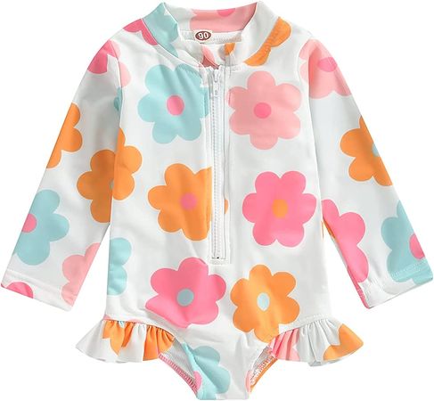 Amazon.com: Baby Girl One Piece Swimsuit Floral Long Sleeve Zipper Ruffle Swimwear Rash Guard Beach Bathing Suit Sunsuit (White, 18-24 Months): Clothing, Shoes & Jewelry
