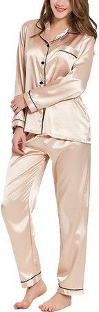 SWOMOG Womens Silk Satin Pajamas Long Sleeve Loungewear Two-Piece Sleepwear Button-Down Pj Set at Amazon Women’s Clothing store