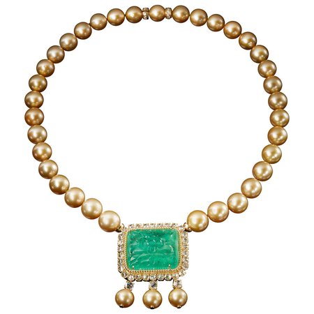 Veschetti 18 Karat Yellow Gold, Gold Pearl, Emerald, Diamond Necklace