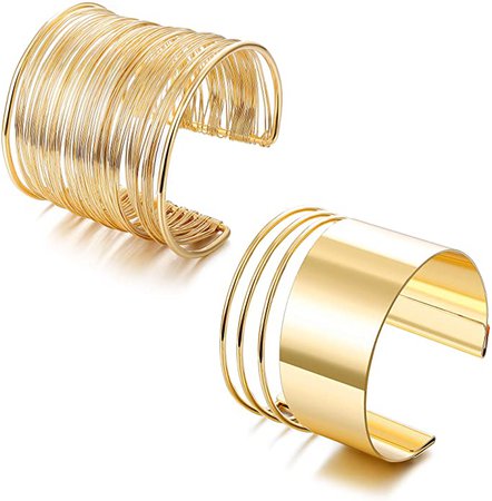 Amazon.com: Besteel 2 Pcs 18K Gold Plated Cuff Bangle Bracelet Set for Women Girls Open Wide Wire Bracelets Adjustable: Clothing