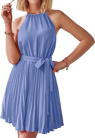 BTFBM Women 2023 Summer Casual Halter Neck A-Line Dress Sleeveless Belted Swing Pleated Cocktail Party Beach Mini Dresses at Amazon Women’s Clothing store
