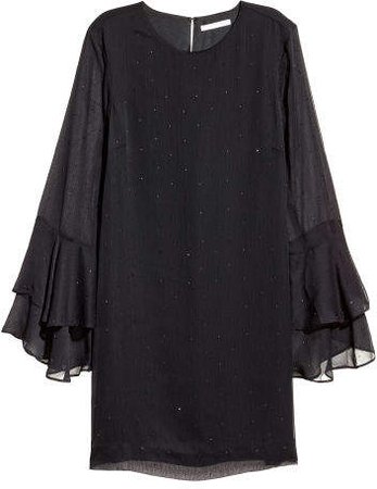 Flounce-sleeved Dress - Black