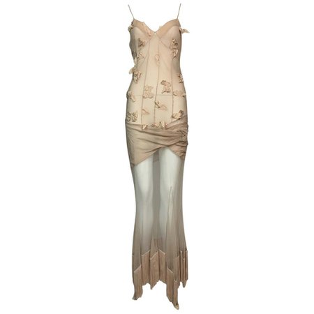 S/S 2004 Christian Dior John Galliano Sheer Nude Silk Mesh Fringe Maxi Dress For Sale at 1stDibs