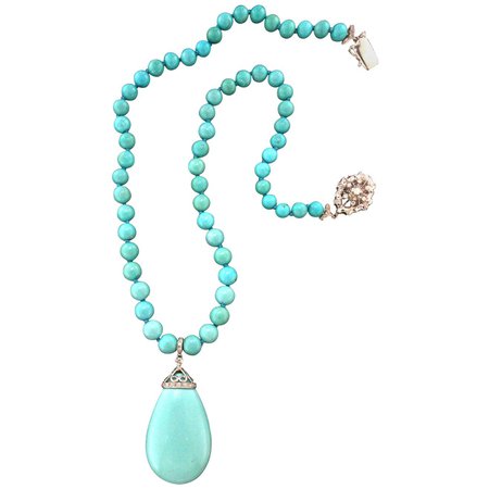 Handcraft Turquoise 18 Karat White Gold Diamonds Pendant Necklace For Sale at 1stDibs
