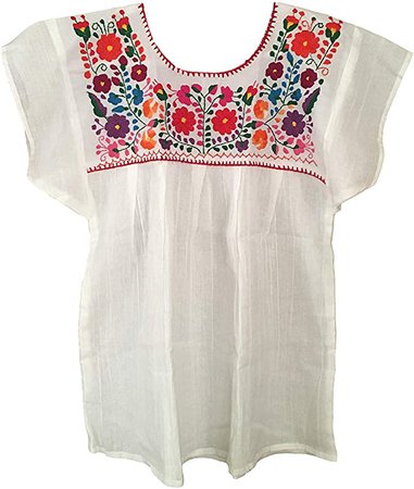 Floral Mexican Peasant Blouse - Embroidered Tehuacan Blouse - Handmade in Mexico - Blusa Campesina Poblana Mexicana - White at Amazon Women’s Clothing store