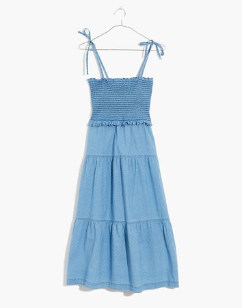 Denim Lucie Tie-Strap Smocked Midi Dress