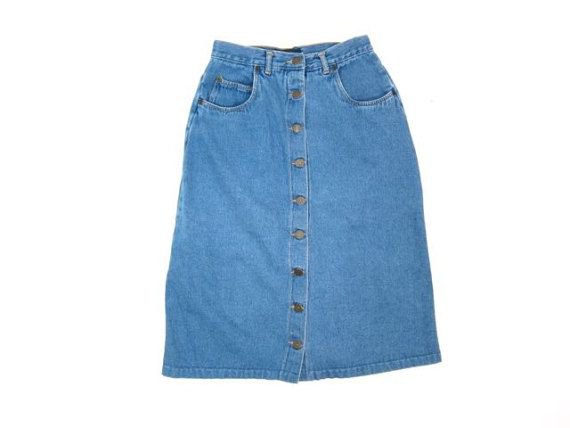 Button Up Jean Skirt 80s Denim Skirt with Pockets Button Front High Waist Vintage Skirt Boho