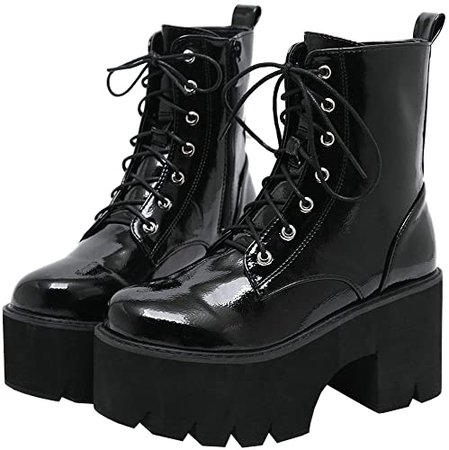 Amazon.com | Parisuit Womens Goth Patent Ankle Boots Platform Chunky High Heel Lace Up Combat Boots Punk Buckle Chain Booties-Black Size 4 | Ankle & Bootie