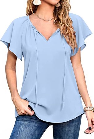 Neineiwu Women's Casual Printed Short Sleeve V Neck Chiffon Blouse Top (Large Light Blue) at Amazon Women’s Clothing store