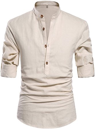 NITAGUT Men Henley Neck Long Sleeve Daily Look Linen Shirts Casual Beach T Shirts Beige-US L at Amazon Men’s Clothing store