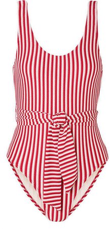 Peony - Belted Striped Jacquard-knit Swimsuit - Crimson
