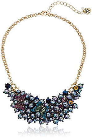 Betsey Johnson "You Give Me Butterflies" Shaky Pave Butterfly and Pearl Bib Necklace, 16" + 3" Extender: Clothing