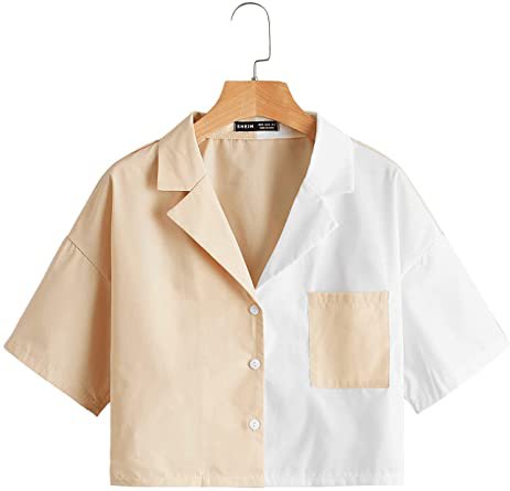 SheIn Women's Short Sleeve Collar Drop Shoulder Crop Top Graphic Button Down Shirts Blouse at Amazon Women’s Clothing store
