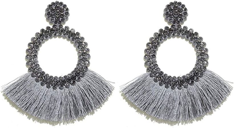 Amazon.com: D.Rosse Handmade Bohemian Tassel Crystal Statement Drop Dangle Earrings for Women Girls Hoop Fringe Lightweight Ear Jewelry Summer Accessories (Grey): Clothing, Shoes & Jewelry