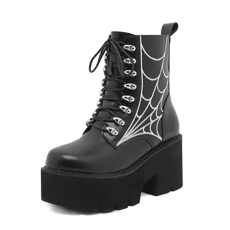 Black platform boot w/ spider web pattern