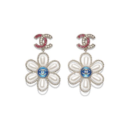 Metal, Glass Pearls & Imitation Pearls Gold, Pearly White, Pink & Blue Earrings | CHANEL