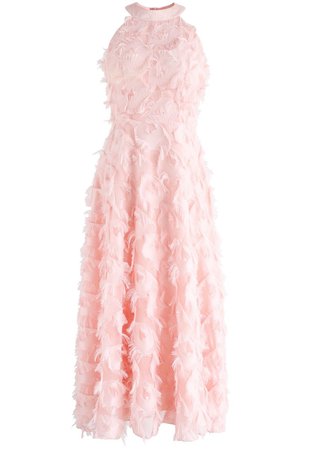 Chic Wish Dancing Feathers Tassel Halter Neck Maxi Dress in Pink - Retro, Indie and Unique Fashion
