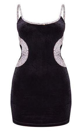 Black Velvet Diamante Trim Strappy Bodycon Dress | PrettyLittleThing USA