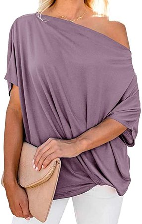 Ofenbuy Womens Off The Shoulder Twist Knot Tops Short Sleeve Oversized Casual Summer Tee T-Shirts Blouse Grey at Amazon Women’s Clothing store