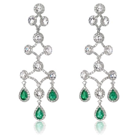 18K White Gold Emerald and Diamond Drop Earrings For Sale at 1stDibs