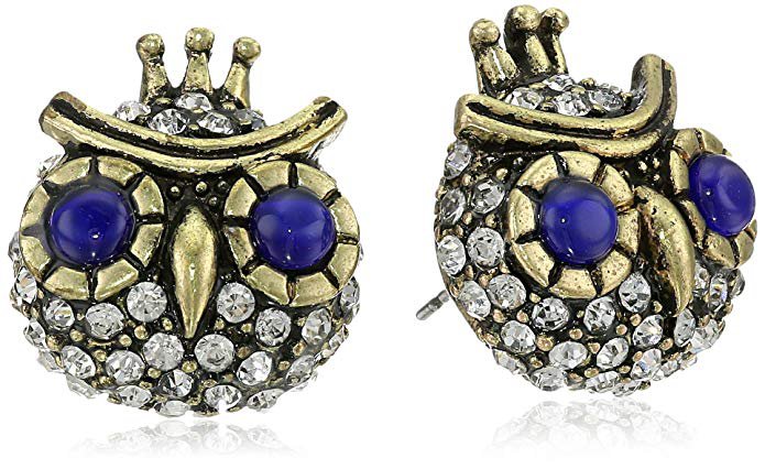 Betsey Johnson "Woodland" Blue Owl Stud Earrings Blue/Antique Gold Stud Earrings: Clothing
