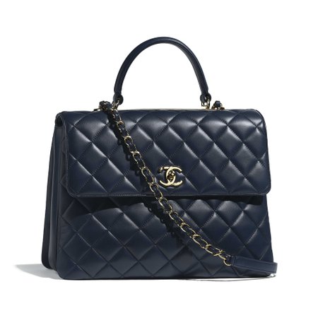 Lambskin & Gold-Tone Metal Navy Blue Large Flap Bag with Top Handle | CHANEL