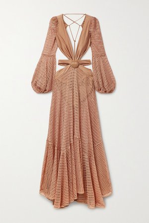Embellished Cutout Stretch Jersey-trimmed Crochet-knit Maxi Dress - Antique rose