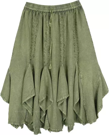 Olive Green Mid Length Western and Gored Skirt | Green | Stonewash, Embroidered, Junior-Petite, Misses, Solid,Western-Skirts