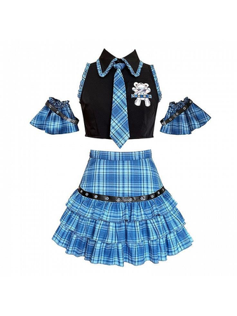 Japanese blue plaid skirt and top