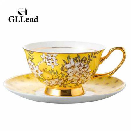 Korean Coffee Cup Saucer Design In Golden Yellow Flower Teacup Porcelain Black Tea Cups Set