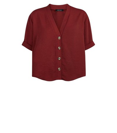 Burgundy Herringbone Button Front Boxy Shirt | New Look