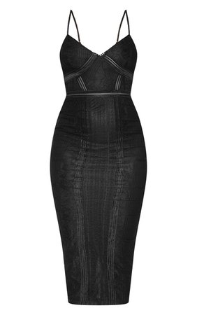 Black Lace Mesh Stripe Insert Midi Dress | PrettyLittleThing