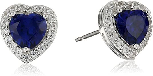 Amazon.com: Sterling Silver Created Blue Sapphire and Created White Sapphire Halo Heart Stud Earrings : Clothing, Shoes & Jewelry