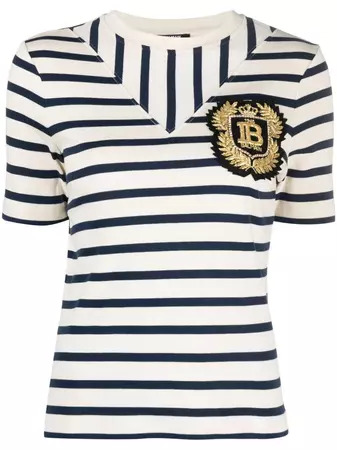 Balmain logo-patch ribbed-knit Striped T-shirt - Farfetch