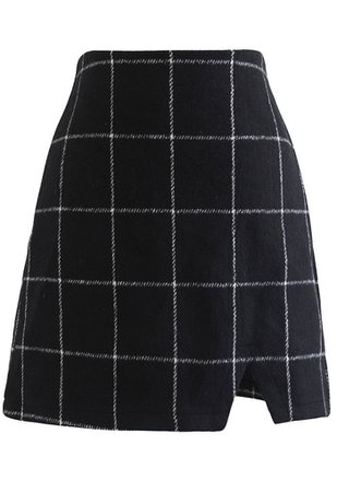 Black Grid Wool-Blend Mini Bud Skirt - Retro, Indie and Unique Fashion