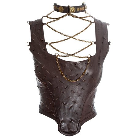 Vivienne Westwood brown slashed leather and gold chain corset, fw 1991 For Sale at 1stdibs