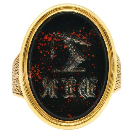 Victorian Bloodstone 18 Karat Gold Intaglio Monogram Signet Unisex Ring For Sale at 1stDibs