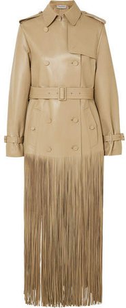 Double-breasted Fringed Leather Trench Coat - Beige