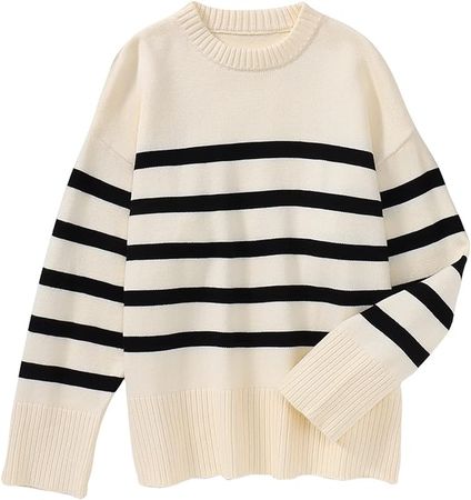 BOUTIKOME Women's Striped Sweater Black and White Striped Sweater Side Slit Knit Long Sleeve Crewneck Pullover Loose Top(Creamy-White,M) at Amazon Women’s Clothing store