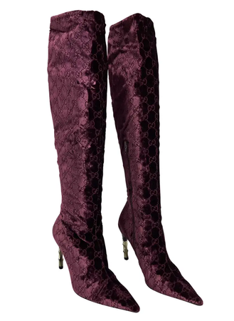 2004 Gucci by Tom Ford Burgundy Velvet 'GG' Monogram Heel Boots