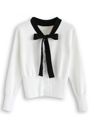 Button Down Bowknot Knit Sweater in White - Long Sleeve - TOPS - Retro, Indie and Unique Fashion