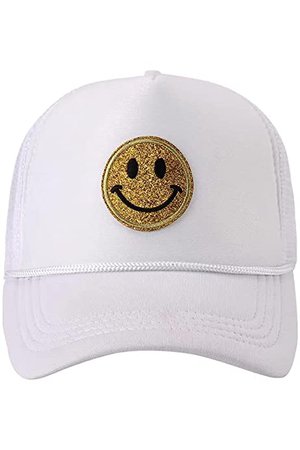 iZZYZX Yellow Glitter Smiley Face Neon 5 Panel Foam Trucker Hat - White Blue at Amazon Men’s Clothing store