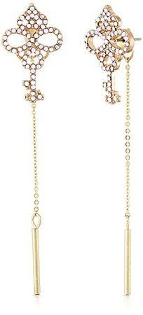 Betsey Johnson "Wanderlust" Pave Key Linear Chain Front and Back Drop Earrings: Clothing