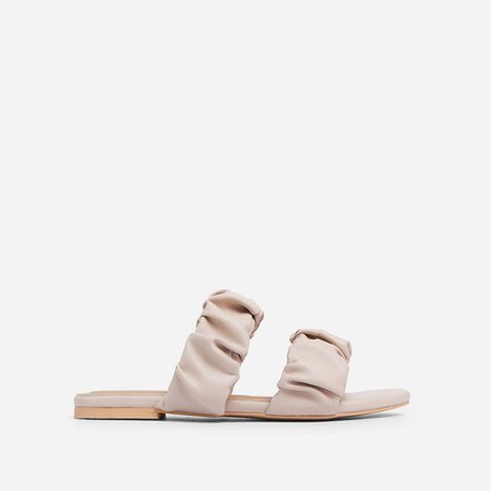 Balance Ruched Double Strap Flat Slider Sandal In Beige Faux Leather | EGO