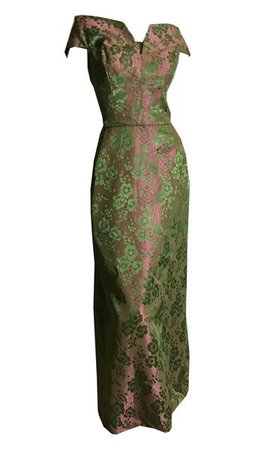 Springtime Green and Pink Damask Satin Sculpted Evening Gown circa 196 – Dorothea's Closet Vintage