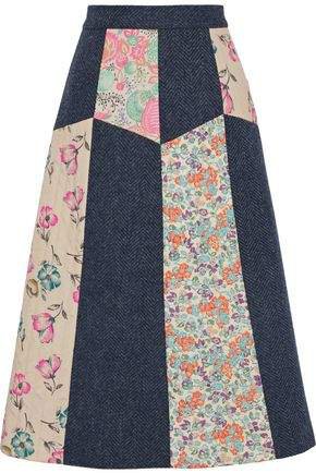 Paneled Floral-print Crepe De Chine And Herringbone Wool Skirt