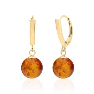 10 mm Golden Honey Amber Sphere Lever Back Drop Dangle Earrings in 14K – Sada Jewels