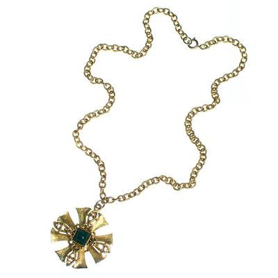 Vintage Gold Maltese Cross Pendant Statement Necklace with Emerald Luc - Vintage Meet Modern